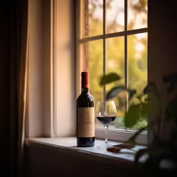 a wine glass and bottle next to a window