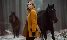 a woman stands next to a horse in the woods