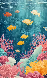 a painting of colorful fish over corals and seaweed