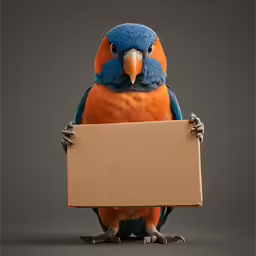 a large blue and orange parrot holds an empty sign