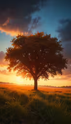 the sun is setting behind a tree in a field,a sun sets behind a large tree in a grassy field