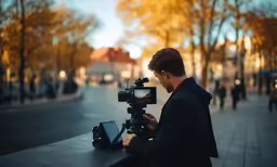 man looking at a digital tablet and camera on the street