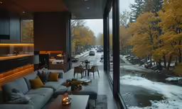 a couch sitting next to a window with a view of a forest