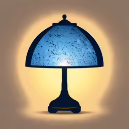 a lit lamp on a beige surface with blue lighting