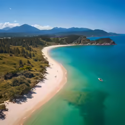 a boat is out on the water next to a sandy beach