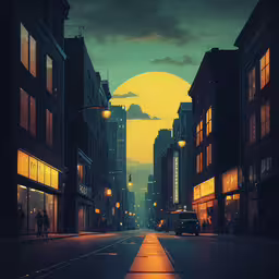 a sun setting on a very dark and lonely city street,an image of a dark city street in the middle of the night