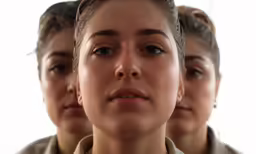 three women with hair in side of picture looking into camera