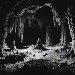 a black and white photograph of a cave
