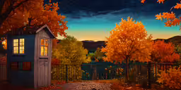 this is a painting of an outhouse with trees in autumn and a night sky,a painting of a tree lined path and shed by the fence