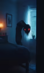 an evil lady bending over and peering into a dark room