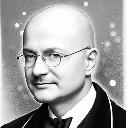 a black and white image of a man in glasses
