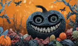 a halloween pumpkin sitting in a field filled with flowers and butterflies