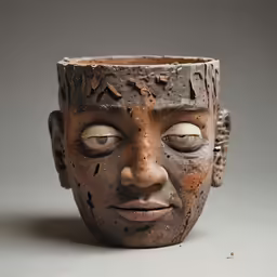 an older, brown clay mask with faces of various sizes and shapes