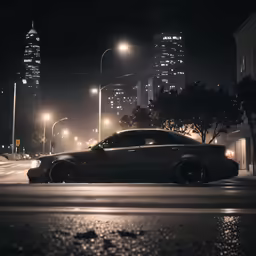 a parked black car in a nighttime city street