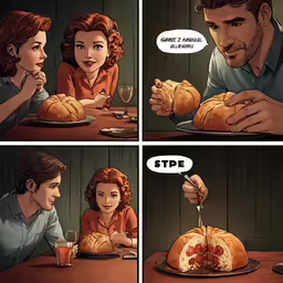 two comics show two people eating a piece of bread