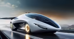 a sleek, streamlined, white car driving on the highway