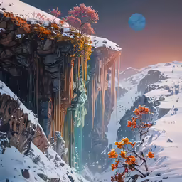 a fantasy scene with a cliff in the distance