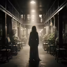 a woman standing in a dark room with an empty chair in the center