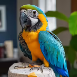 a colorful bird perched on top of a white log