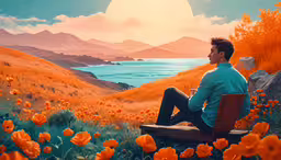 the man is sitting alone on the park bench,a man is sitting on a bench overlooking the water