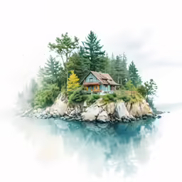 an island with a house on it and some trees