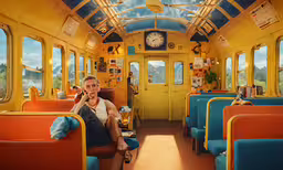 the inside of a subway car on which a man sits,a person sitting on a train looking out a window
