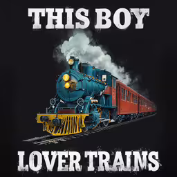 this boy loves trains shirt featuring a train riding on a rail road track,a t - shirt with the train engine and text saying, this boy lover trains