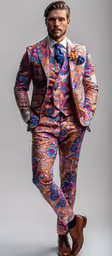 a man wearing a paisley suit and hat,the man in the suit is standing in front of a gray background