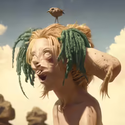 a bird sits on top of a head of a man with dreadlocks