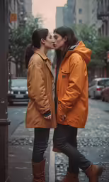 a couple is kissing on the street