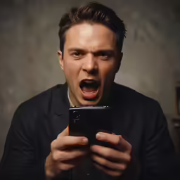 a man holding a cell phone and yelling