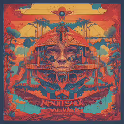 a red, yellow and blue psychedelic poster of a surreal face,an art work showing the head and wings of a man in bright red, yellow, blue, and green colors