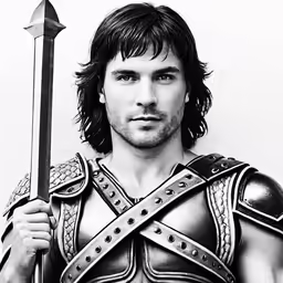 a man in armor holding up a sword and wearing armor