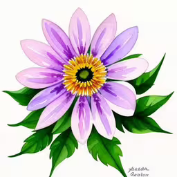 a painting of a large purple and yellow flower,painting of a purple flower with leaves