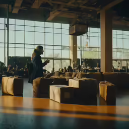 a lady looks at her phone while sitting near some suitcases