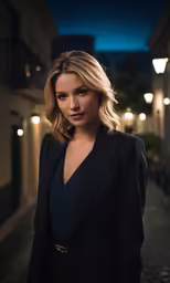 a beautiful blond woman posing on the street