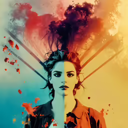 the image is of a woman with black hair and an abstract background