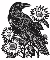 a black and white image of a crow sitting on top of sunflowers,a crow sits on a sunflower tree branch