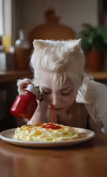 woman eating an omelette with tomato sauce on top of it