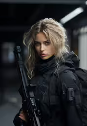 the woman is holding a gun and wearing all black,a woman is holding a weapon in a black outfit