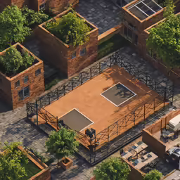 a tennis court is constructed from an old brick building