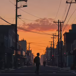 the silhouette of a person walking down an urban street