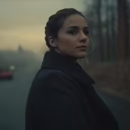 an attractive woman with a ponytail looks ahead