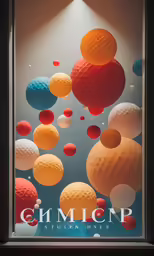 the front window of a store with colorful balls of various shapes