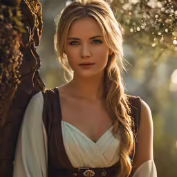 a beautiful blond woman posing for a picture by a tree