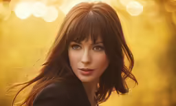 a woman with blue eyes is looking at the camera