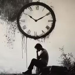 a man sitting on a wall with a huge clock above him