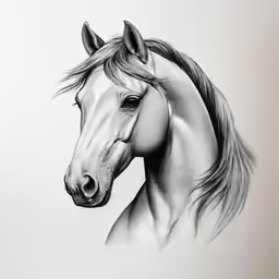 the head and shoulder of a horse with long manes, looking up
