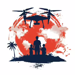 people standing in front of a large orange sky with two small planes flying over them