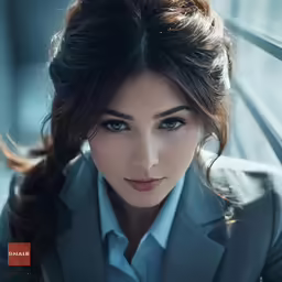 a woman with dark hair is wearing a gray suit